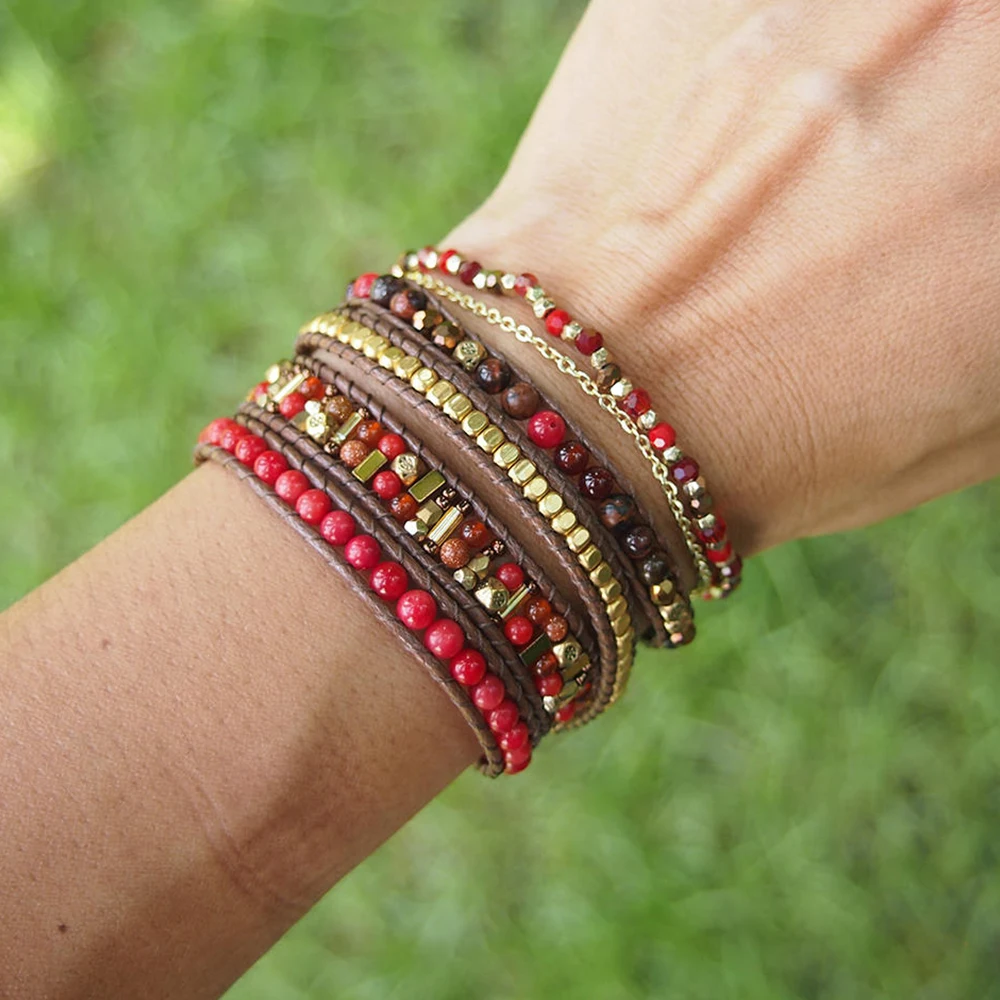 

Dropshipping Bohemian Handmade Natural Stone and Brass Bead Wrap Bracelet Set