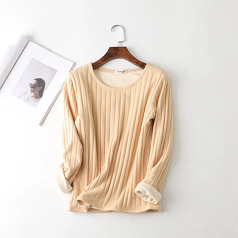 Краткое стиль кашемир футболки для женщин зимние толстые теплые Полосатый дна