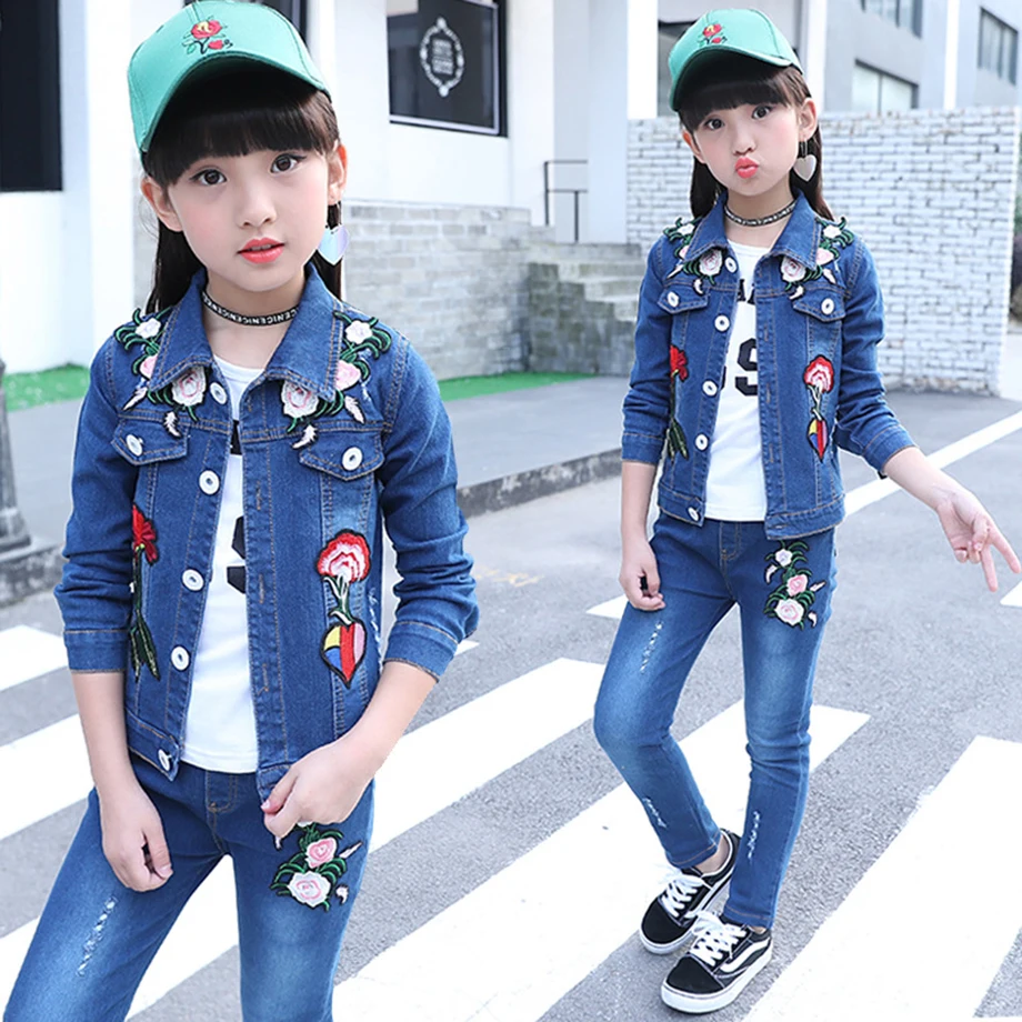 Autumn Winter Clothes For Girls Denim Jackets + Flower Embroidery Pants 2PCS Outfits Teenage Kids Clothing 6 8 10 12 13 14 | Мать и