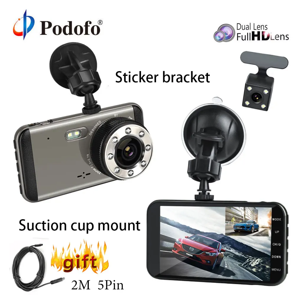 Podofo 4 ''Dashcam двойной объектив Автомобильный видеорегистратор Камера FHD 1080P ips экран ночного видения видео dvr рекордер видеокамера с камерой заднего вида