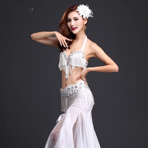 White 3 pcs set Новейшая производительность, Восточный живот, Одежда для танцев, костюм из 3 предметов, бюстгальтер из бисера, пояс и юбка, костюм для танца живота - Цвет: White 3 pcs set