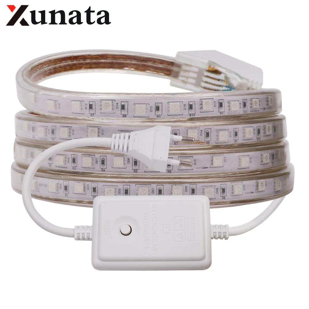 

SMD 5050 LED Strip 220V RGB Waterproof Flexible Strip Light 60Leds/m Ribbon Tape Home Outdoor Lighting With EU Switch Plug