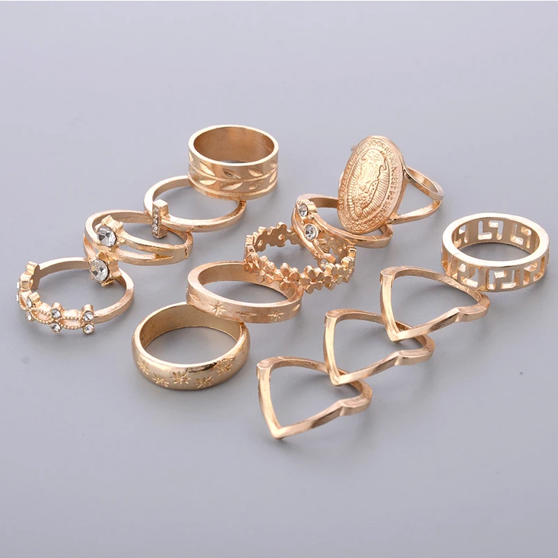 Guvivi 13pcs/Lot Vintage Gothic Midi Ring Set For Women Boho Crystal Geometric Flower Cross Hollow Knuckle Wedding Jewelry | Украшения и