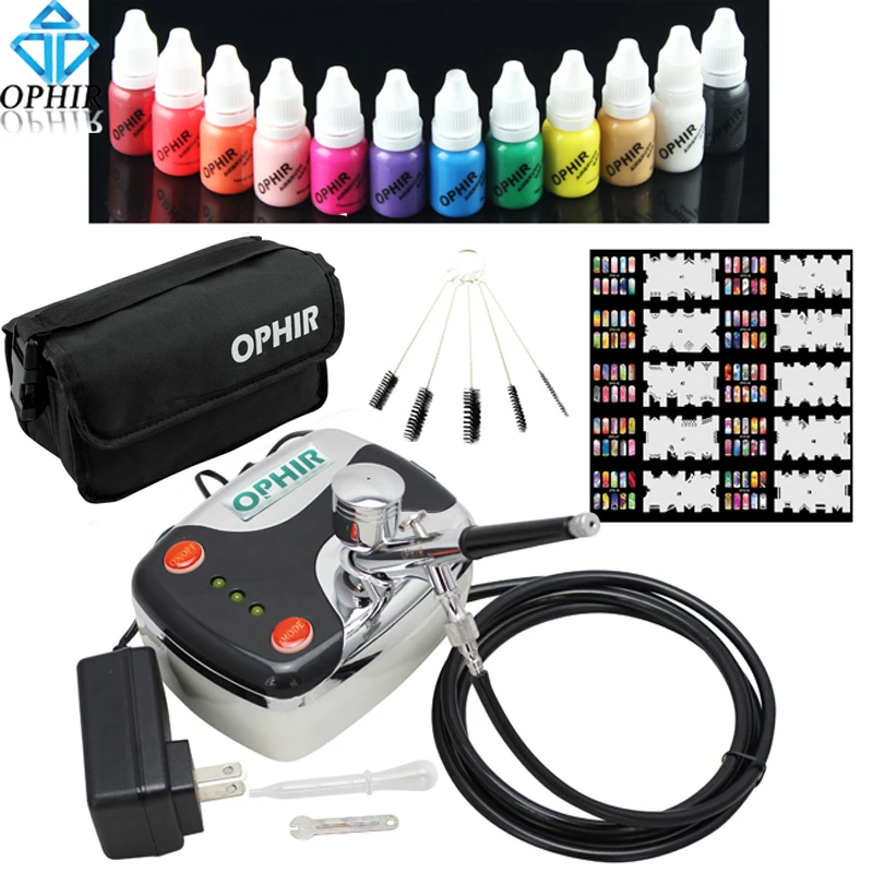 OPHIR Airbrush Nail Art Set 0.3mm Airbrush Kit with Air Compressor 12 Color Inks 20x Stencils Brush & Bag Nail Tool _OP-NA001