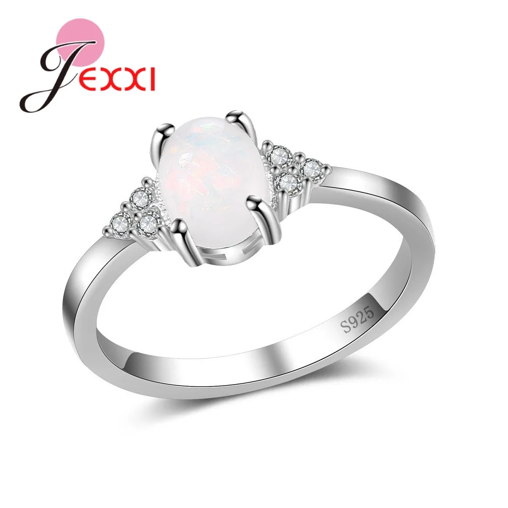 

Romantic Women Oval White Opal Ring Simple Clear Crystals Real 925 Sterling Silver Promise Engagement Rings Wedding Gifts