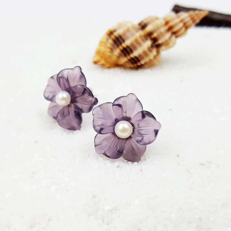 

Lii Ji Real 925 Sterling Silver Natural Purple Crystal Freshwater Pearl Stud Earring