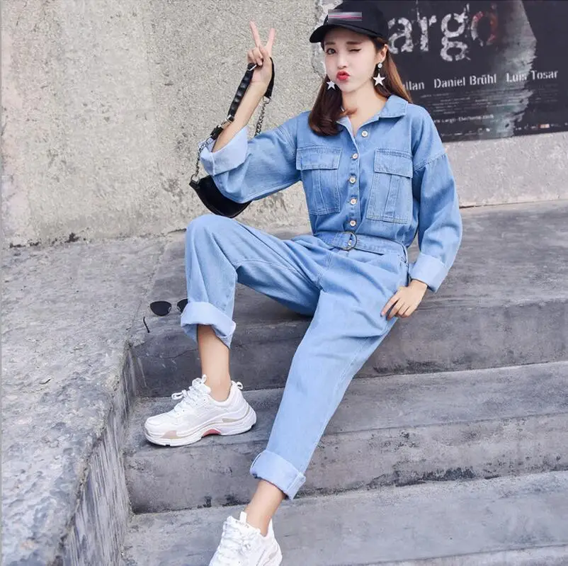 light blue Модная уличная одежда, стильные джинсовые комбинезоны для женщин, осень, длинные рукава, комбинезоны с завышенной талией, бодикон, комбинезон с широкими штанинами - Цвет: light blue