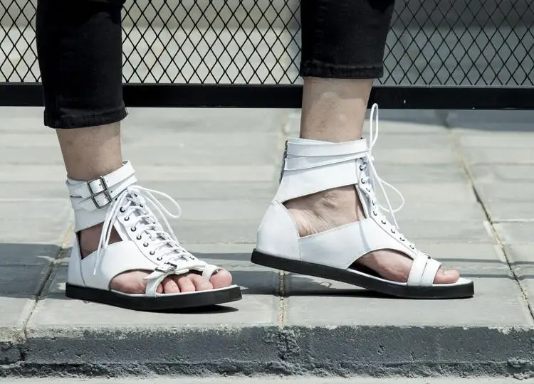 Сандалии мужские из натуральной кожи гладиаторы плоская подошва высокие