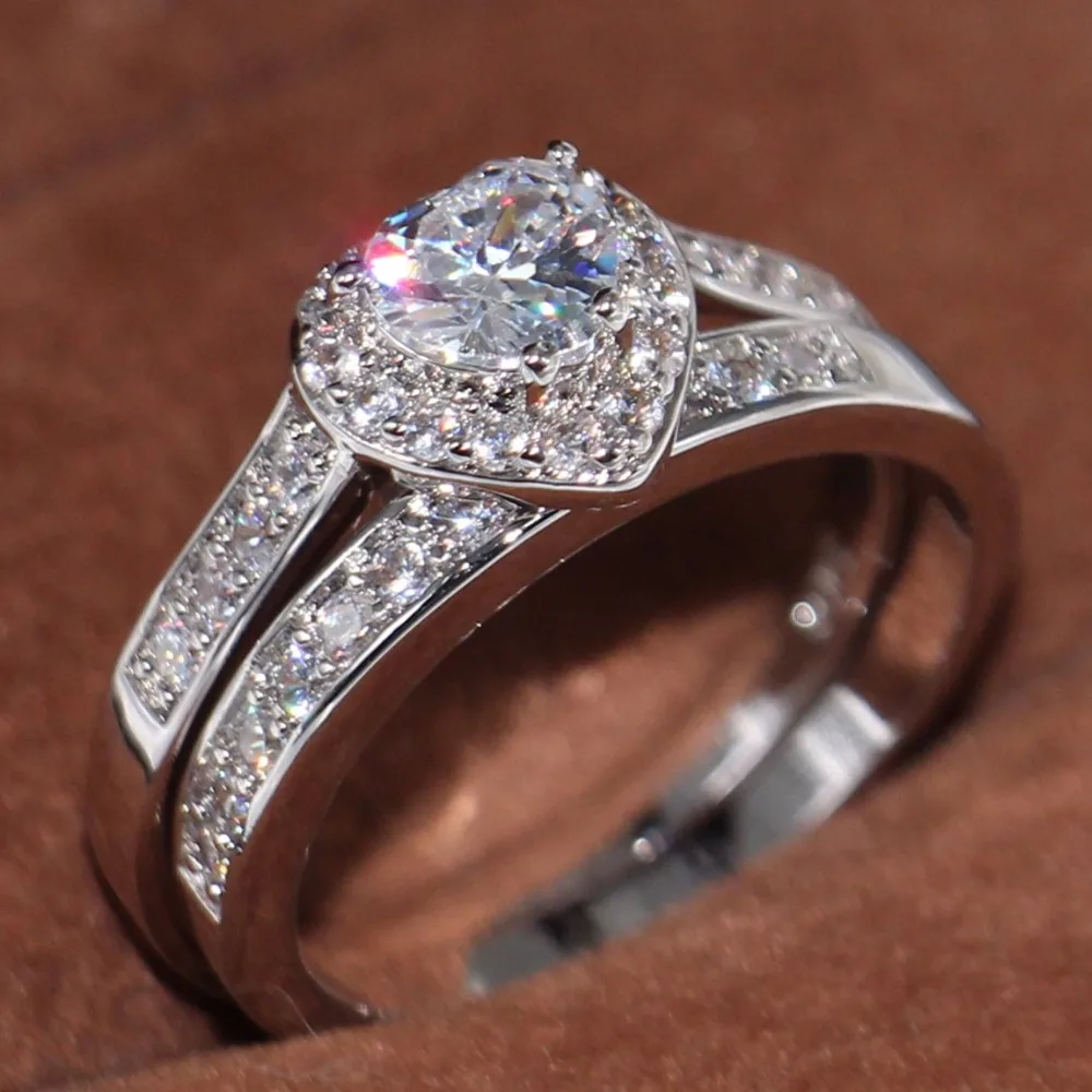 Женское кольцо с фианитом 10KT подарочное сердцем из белого золота 5 А 50%|ring set|heart