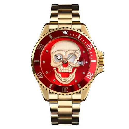 Gold red Креативные мужские кварцевые часы с рисунком черепа, водонепроницаемые мужские наручные часы из нержавеющей стали, мужские часы Relogio Masculino 9195 - Цвет: Gold red