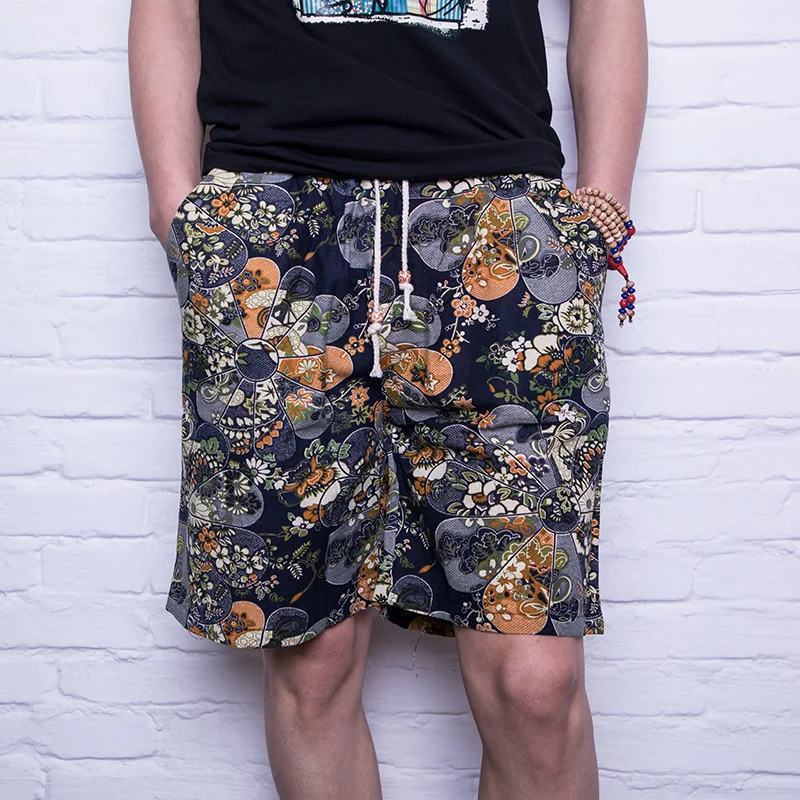 

2019 Summer Cotton linen men's beach pants fast-drying casual shorts fashion printed Half Length Trousers A084