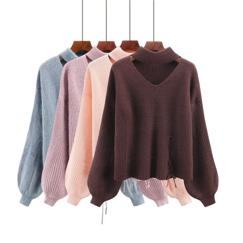 V-neck Woman Autumn Winter Pullovers 2018 Cross Strap Lantern Sleeve Lady Pink Knitted Sweater Cashmere Turtleneck Befree | Женская