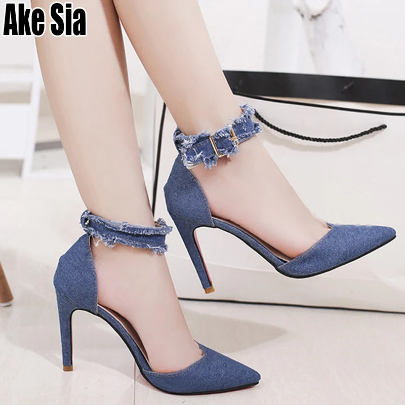 Женские повседневные сандалии из джинсовой ткани с острым носком на очень