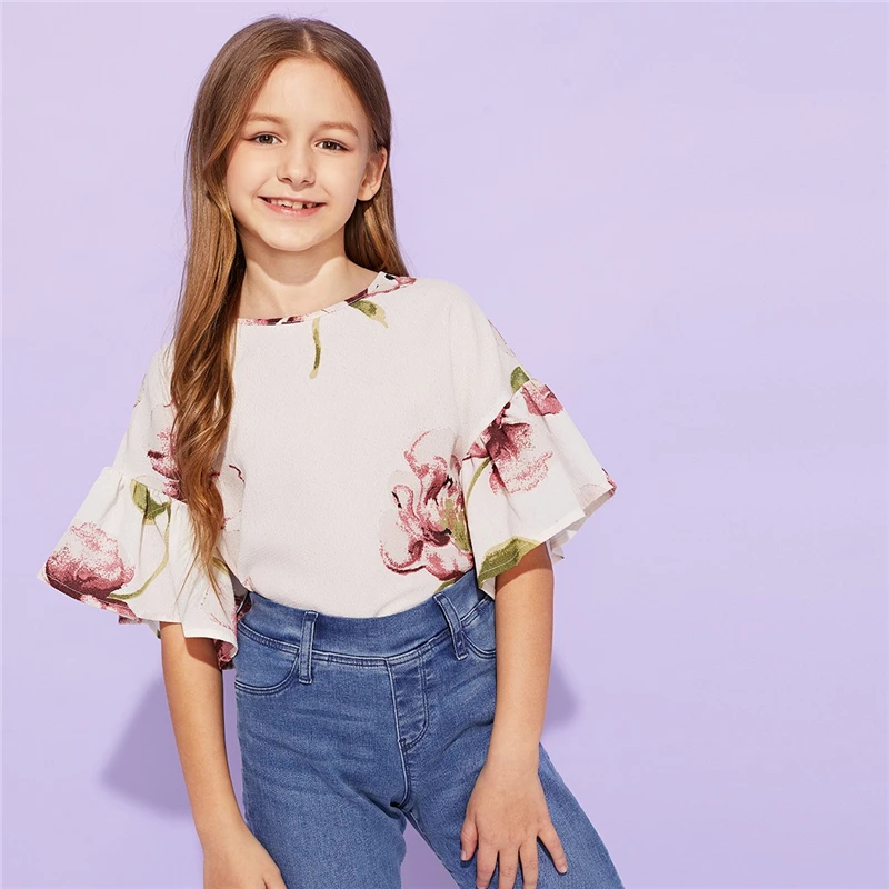 SHEIN/детская блузка с абрикосовым цветочным принтом для девочек; топы для девочек; коллекция года; сезон лето; милые корейские футболки с короткими рукавами и оборками; детская одежда