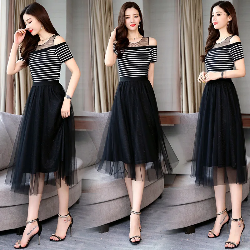 2 Pieces Set 2021 New Summer women's tops shirt and skirt suits Female net collar Short Sleeve sets |