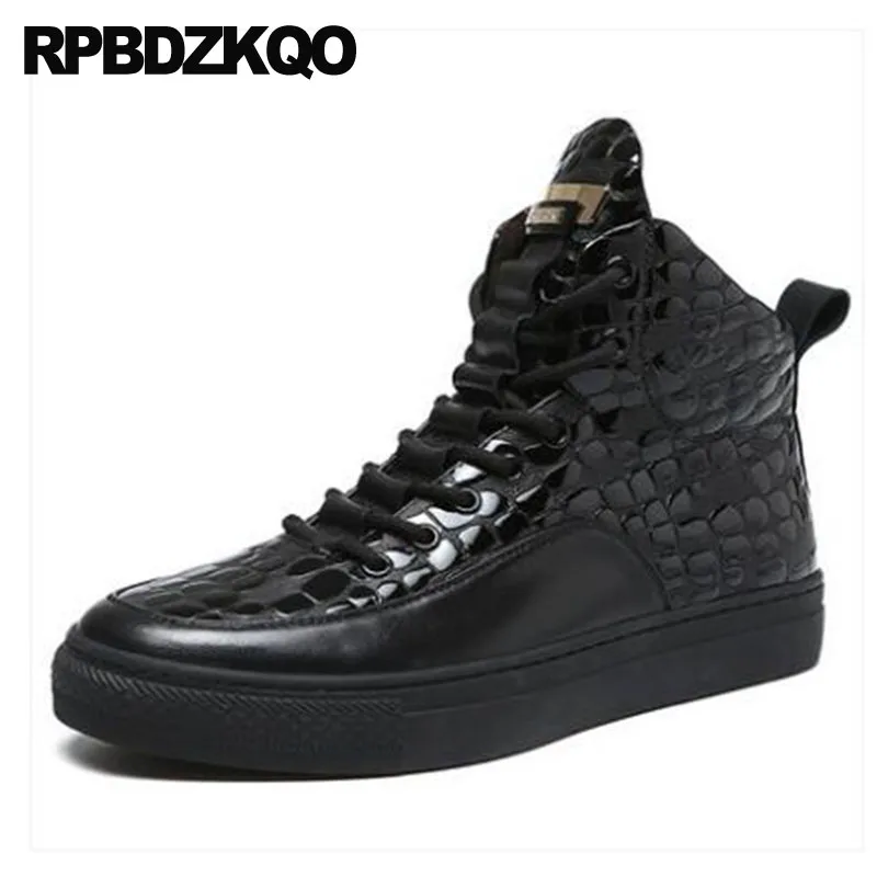

Mens Black Patent Leather Boots Real Shoes Winter High Top Crocodile Sneakers Ankle Trainer Full Grain Fur Zipper Runway Booties