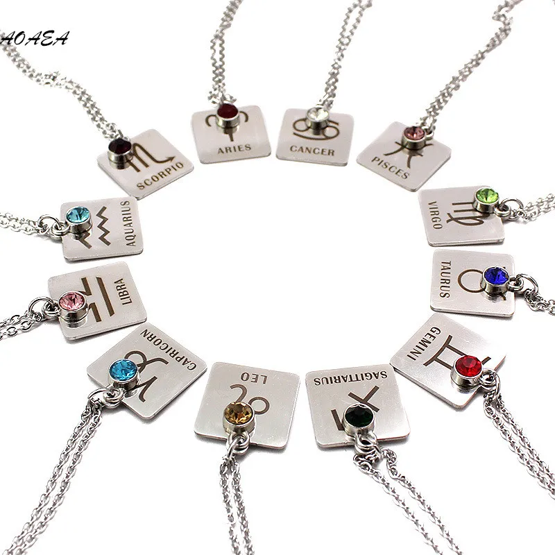 12 Zodiac Constellation Signs Pendant Necklace Crystal Birthstone Women Friend Birthday Gift Stainless Steel Jewelry | Украшения и
