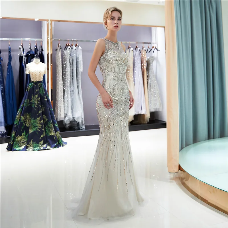 Elegant long prom dresses mermaid silver prom dress sleeveless high neck with sequins fully beads women evening party gowns