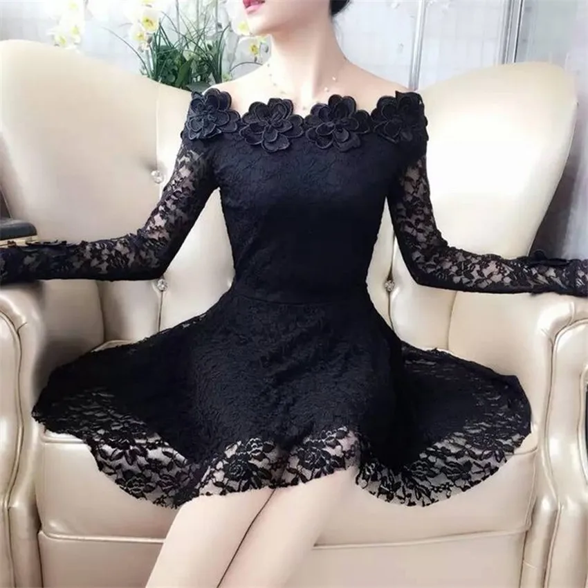 Весна Осень 2018 женские кружевные платья с воротником лодочкой стереоскопическое
