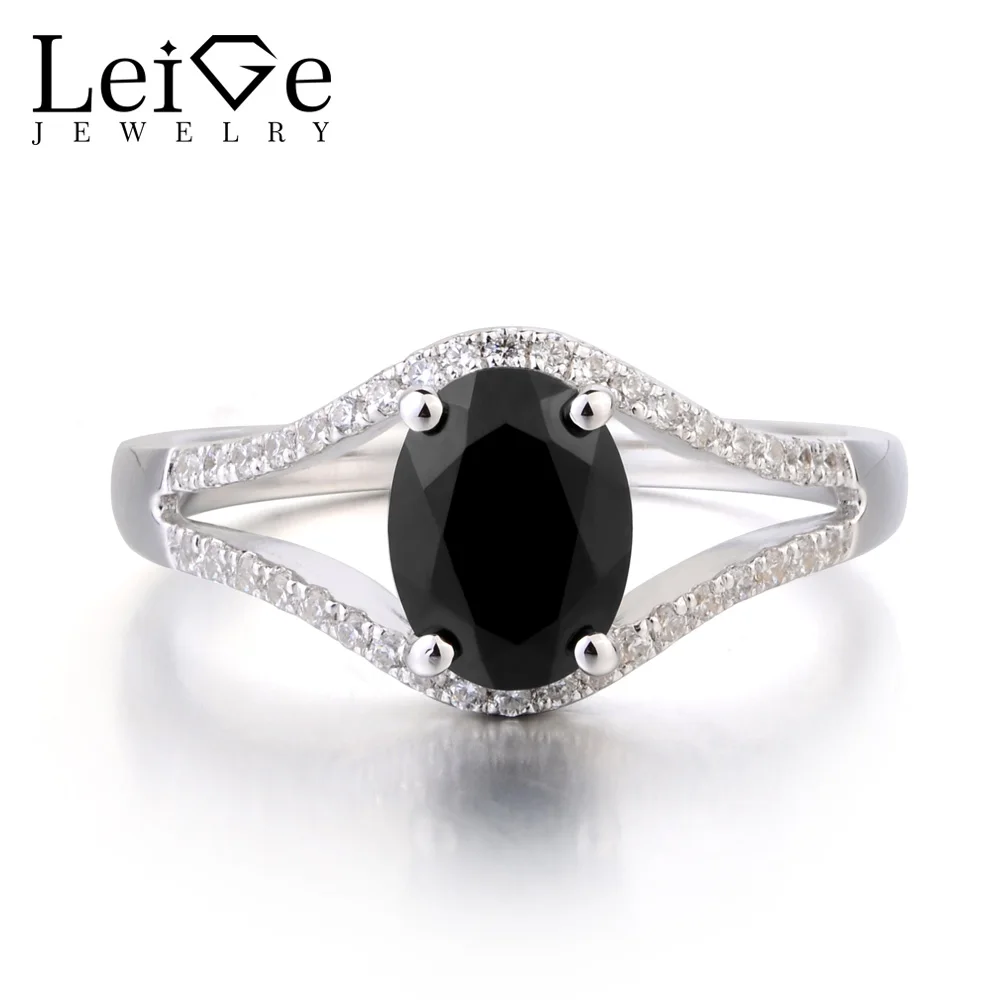 

Leige Jewelry Natural Black Spinel Ring Solid 925 Sterling Silver Oval Cut Black Gemstone Anniversary Wedding Rings for Women