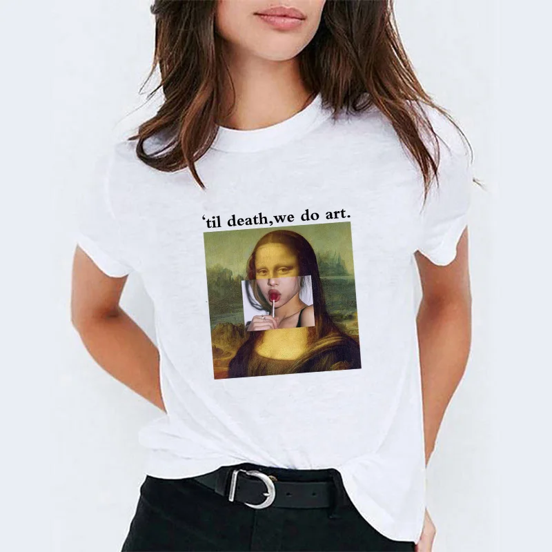 Sunfiz WW Til Death We Do Art модная женская футболка желтая хлопковая Футболка с принтом Monalisa с вырезом лодочкой черная футболка для скейтборда