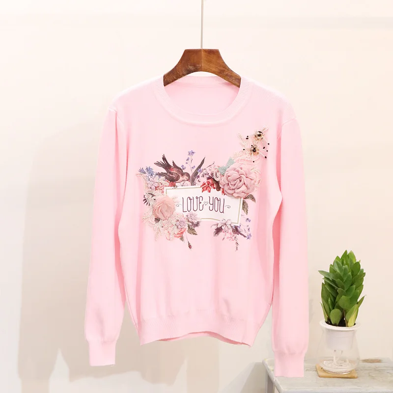 Autumn Bird Floral Embroidery Knit Sweater Women long sleeve Pullovers | Женская одежда