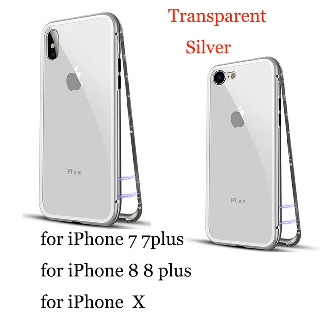 Clear Silver Магнитная Адсорбция чехол для iPhone X 7 8 плюс металлический корпус рамка крышка Закаленное стекло для iPhone 6S 7 8 плюс изысканные чехлы - Цвет: Clear Silver
