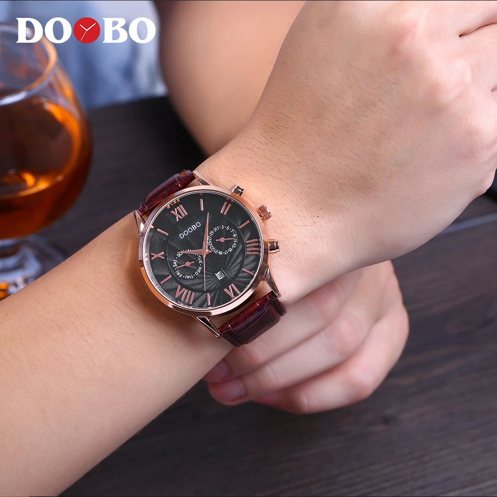 Doobo спортивные часы мужские золотистые Водонепроницаемый кожа Бизнес Кварцевые