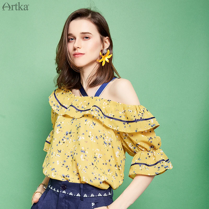 ARTKA 2019 Summer New Women Floral Shirt Printed Chiffon Flare Sleeve Blouse Slash Neck Sling For SA10999X |