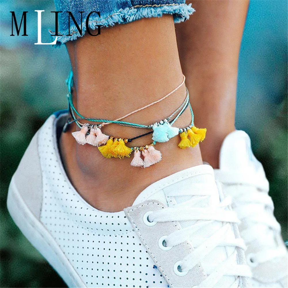 MLING Vintage Multicolor Adjustable Rope Chain Anklet Bohemian Tassel Anklet For Women