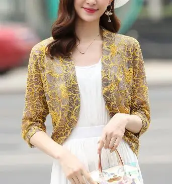 Yellow Carol Diaries Women Plus Size Cardigan Autumn Coat Half Sleeve Elegant Lace Mesh Shrug Crochet Blusas Top Thin Outwear 5 Colors - Цвет: Yellow
