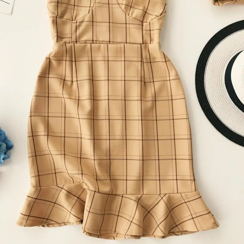 2018 new fashion women's strap dress plaid V-neck high waist ruffled short | Женская одежда