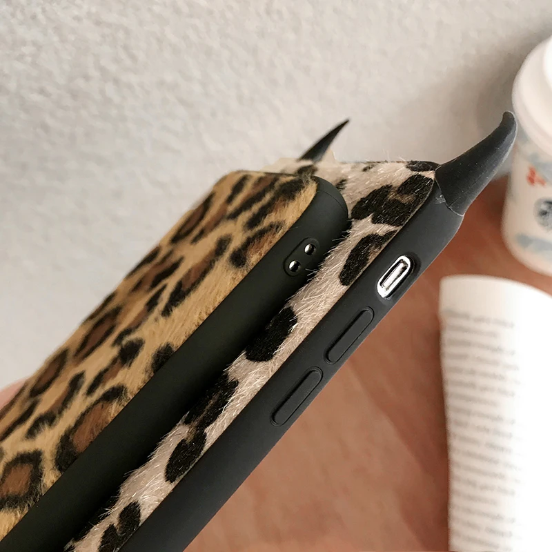 VIAERSON Devil Horn Cases For iPhone XS Max XR 6 6S 7 8 Plus Vintage Leopard Print Full Body Soft Fluffy Phone Back Cover |