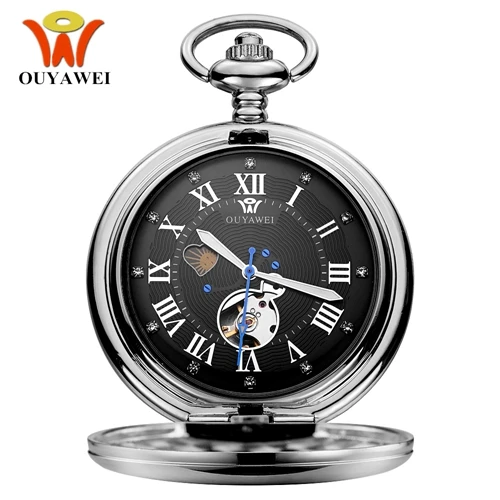 Silver Black Роскошные золотые модные Механические мужские карманные часы с ручным заводом, прозрачная задняя крышка, скелет, повседневные мужские часы с цепочкой, подарки - Цвет: Silver Black