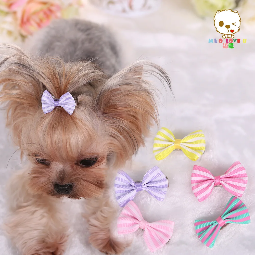 

Mai Kou Yorkshire VIP pet dog stripe printing small hairpin Dog hair ribbon pet accessories 100pcs