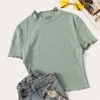 SHEIN модная женская футболка с воротником-стойкой, украшенная жемчугом и бусинами, элегантные летние женские Топы с коротким рукавом