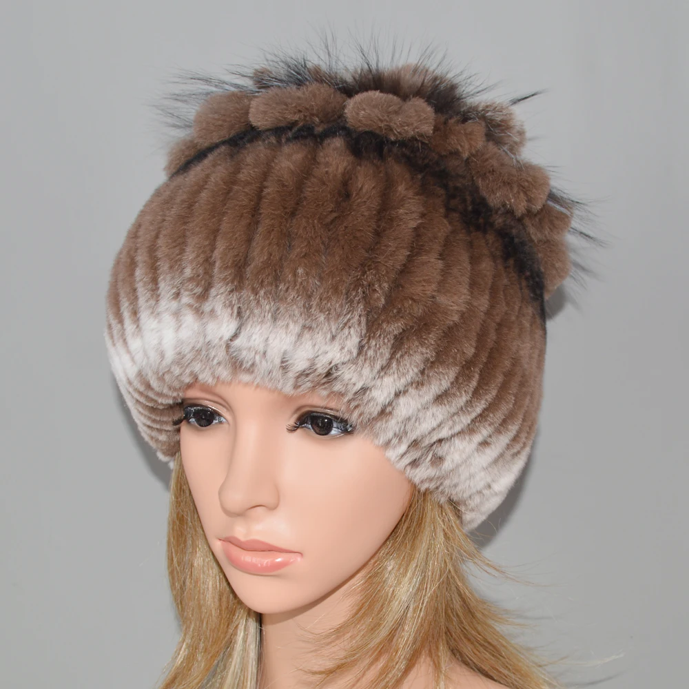 Women Natural Real Rex Rabbit Fur Beanies Hats Winter Warm Knit Genuine Caps New Female With Fox Skullies Cap | Аксессуары для