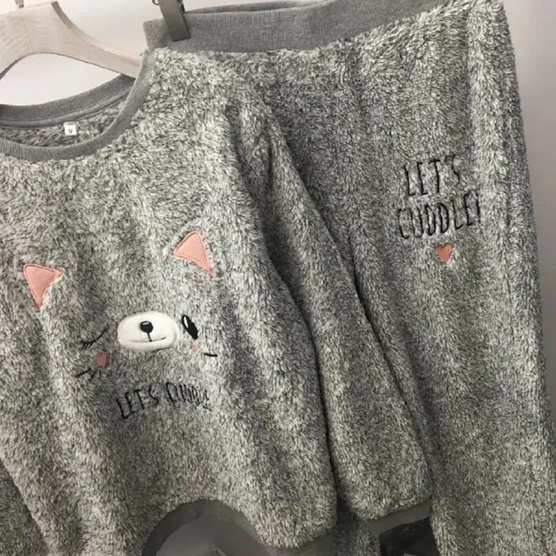 Осень зима толстые теплые Для женщин Пижамные Комплекты коралловый бархатный