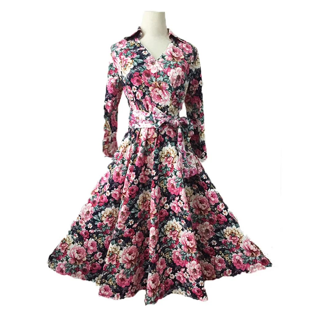Женщины 50 s Старинные Платья Vestidos Халат Дамы Полный Рукава Цветочным Принтом