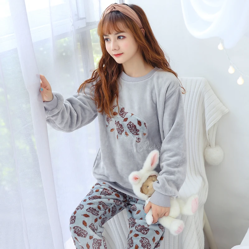 Autumn Winter Women Flannel Long Sleeve Pyjamas Sets Thick Warm Coral Velvet Pajamas Suit Female Cartoon Gray Elephant Sleepwear | Женская
