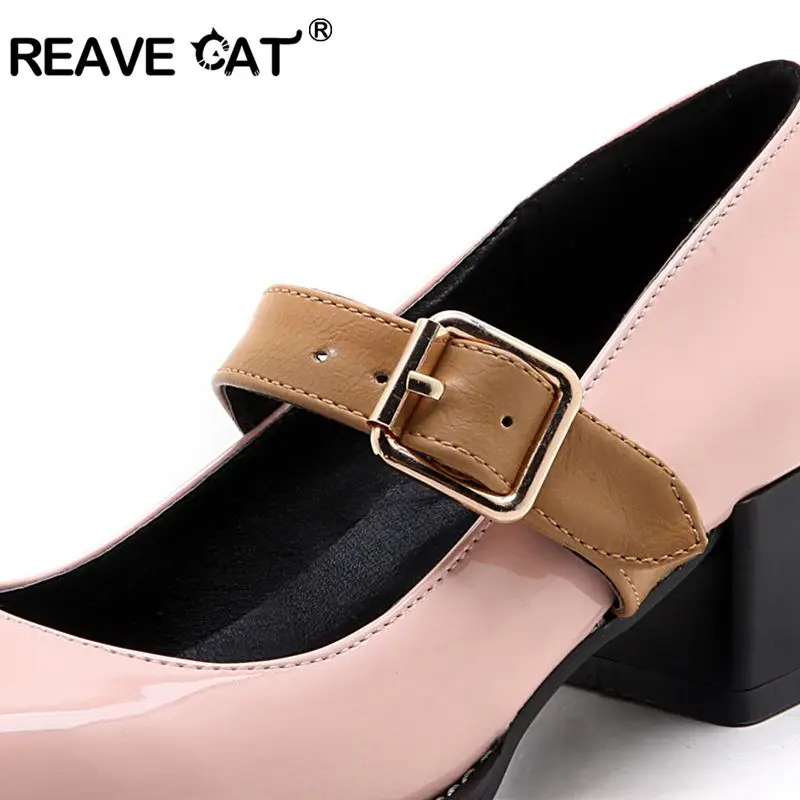 

REAVE CAT Shoes woman mid heel Ladies spring summer shoes Square toe Patent leather Buckle Novelty Fashion Cool Big size 42 43