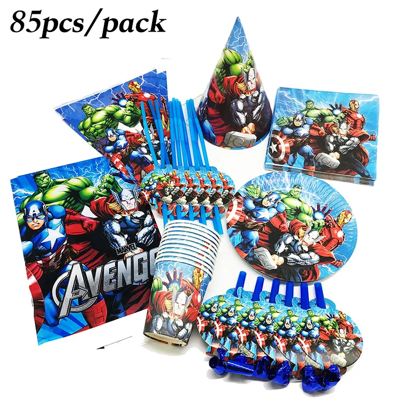 85pcs/pack Avengers birthday party decorations disposable plates cups straws paper blowouts tablecloths | Дом и сад