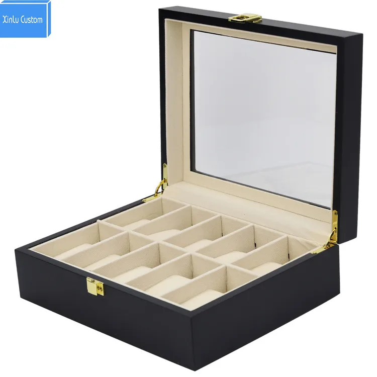 10 слотов Черный твердый деревянный ящик для хранения и демонстрации часов