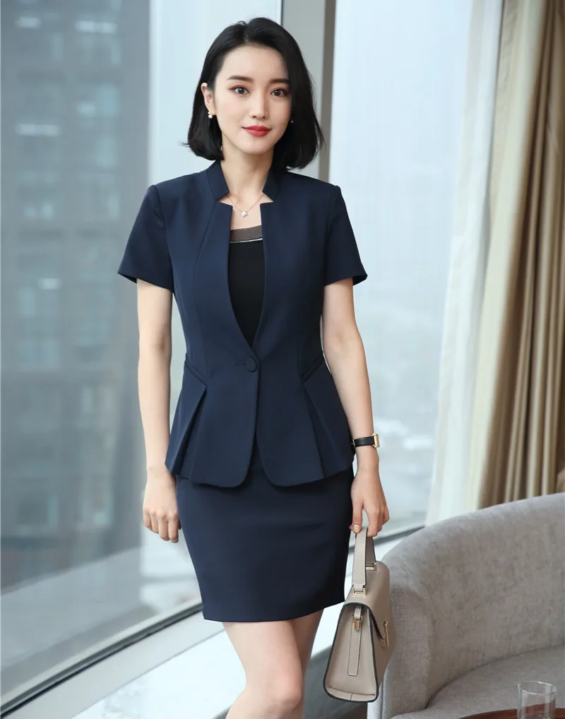 Деловой Женский блейзер темно синего цвета с юбочкой и пиджаком Офисная