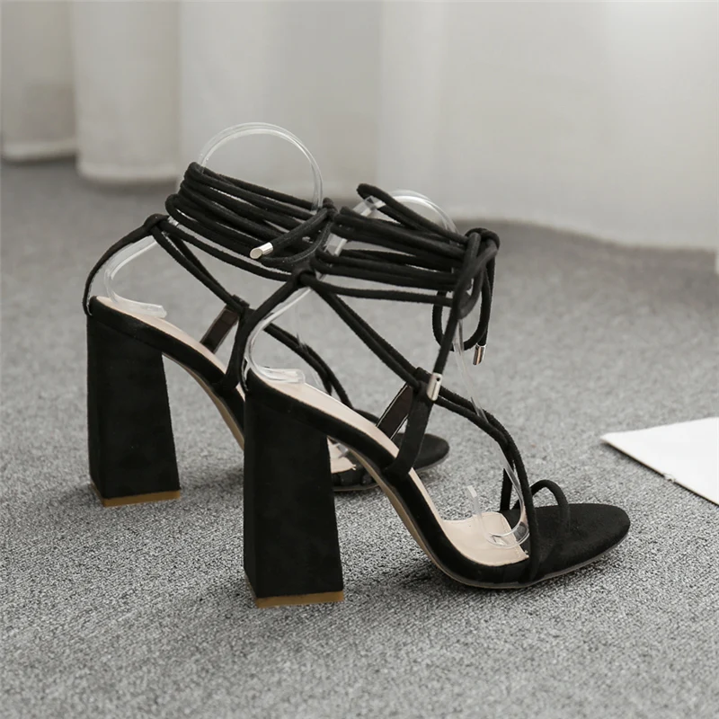 Women 11.5cm High Heels Sexy Up Toe Heels Black Sandals Pumps Valentine Chunky Wedding Block Heels Gladiator Shoes YFD-153