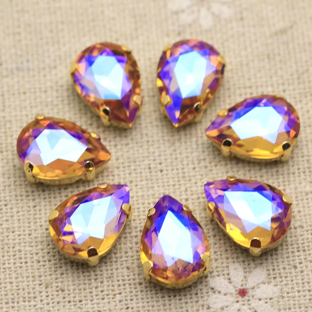Mix AB color Waterdrop shape sew on Rhinestone with Gold base Rhineestone applique holes Flatback crystal strass DIY cloth | Дом и сад