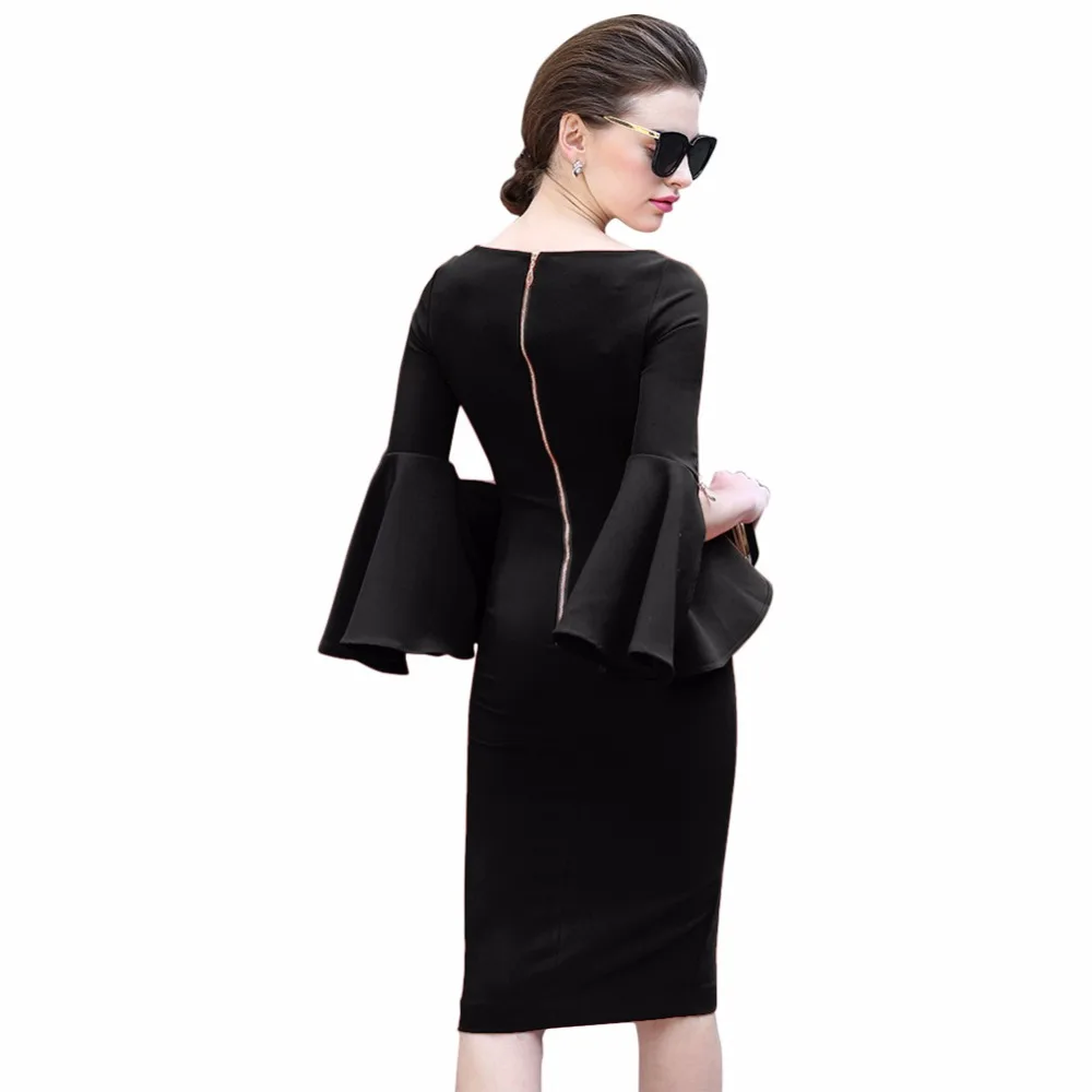 2018 Solid Black Sexy Slash Neck Flare Sleeve Elegant Evening Party Dresses Front Slit Women Midi Pencil Office Dress Vestido | Женская