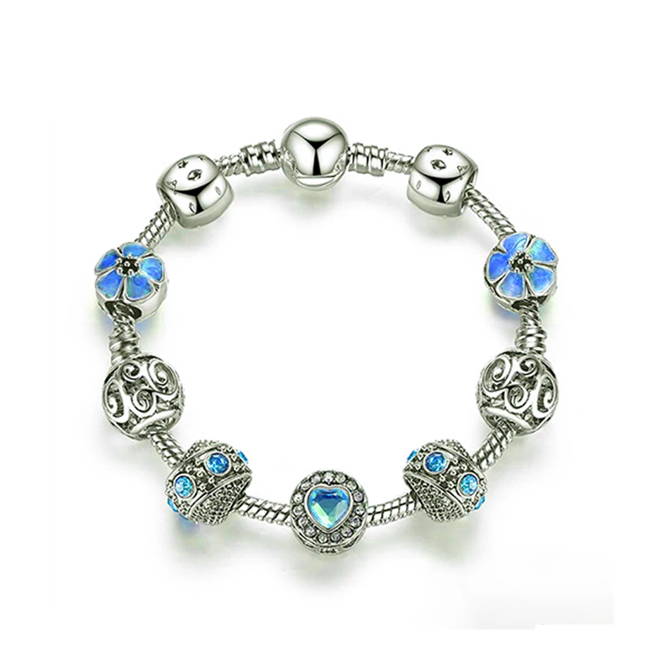 4 Color 925 Silver High Quality Enamel Flower Charm Bracelet &amp Bangle Crystal Love Heart for Women Wedding Jewelry Gift | Украшения и