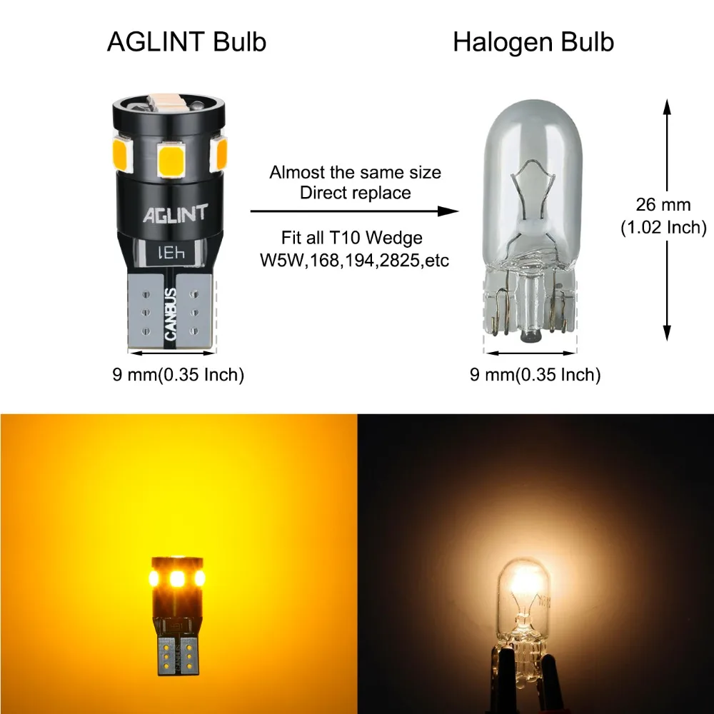 AGLINT 10 шт. T10 CANBUS светодиодный W5W автомобильные лампы 194 168 2825 5W5 501 желтый янтарный