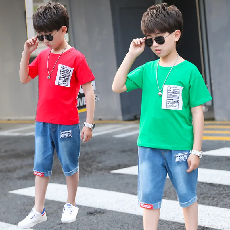 High Quality Boutique Kids Clothing Set Teenage School Boys Sport Suit Cotton Green/red/white Tshirts + Denim Shorts 2 Pcs Sets |